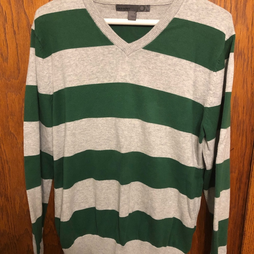 Green and grey v neck sweater